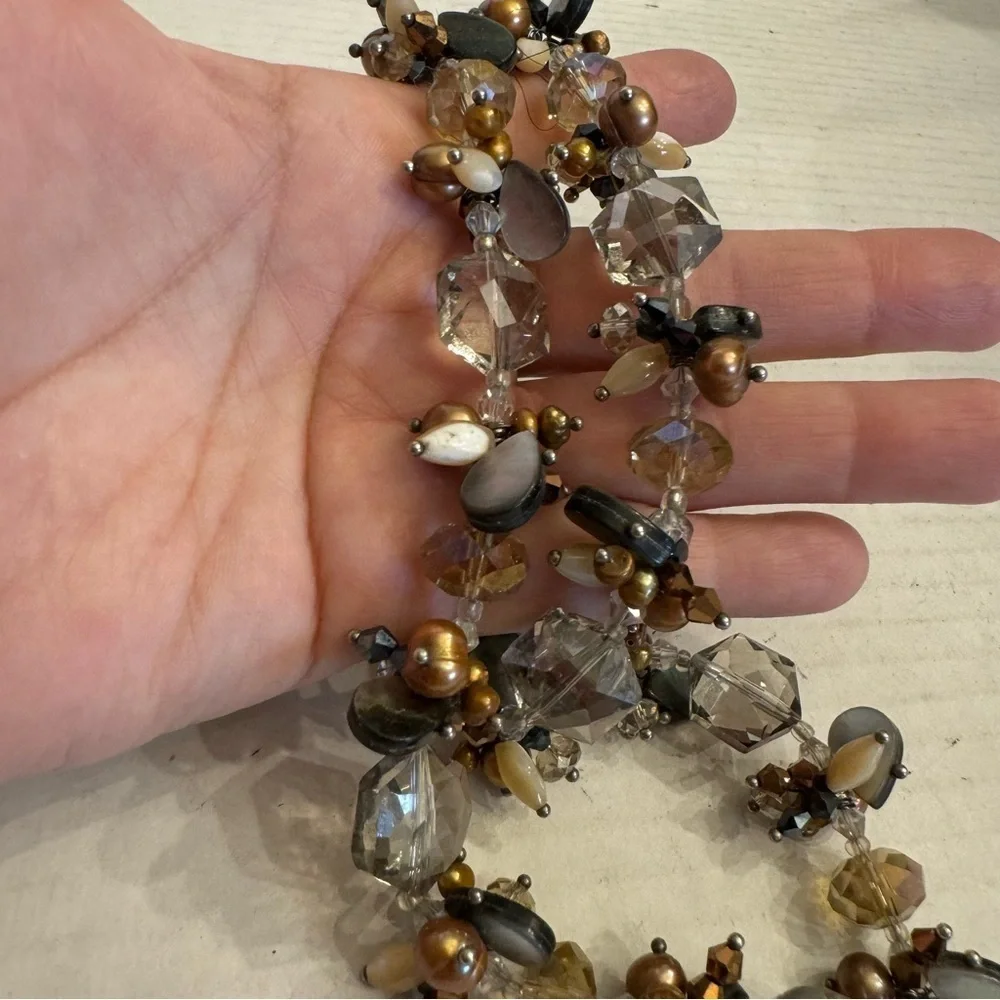 925 Sterling Silver Aurora Borealis Vintage Necklace Pearl Shells Crystals 25
